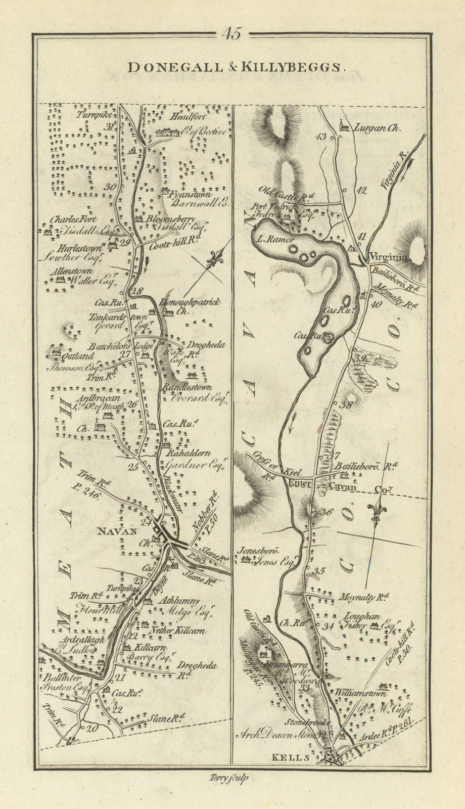 #45 Dublin to Donegal… Kells Navan Virginia Meath Cavan. TAYLOR/SKINNER 1778 map